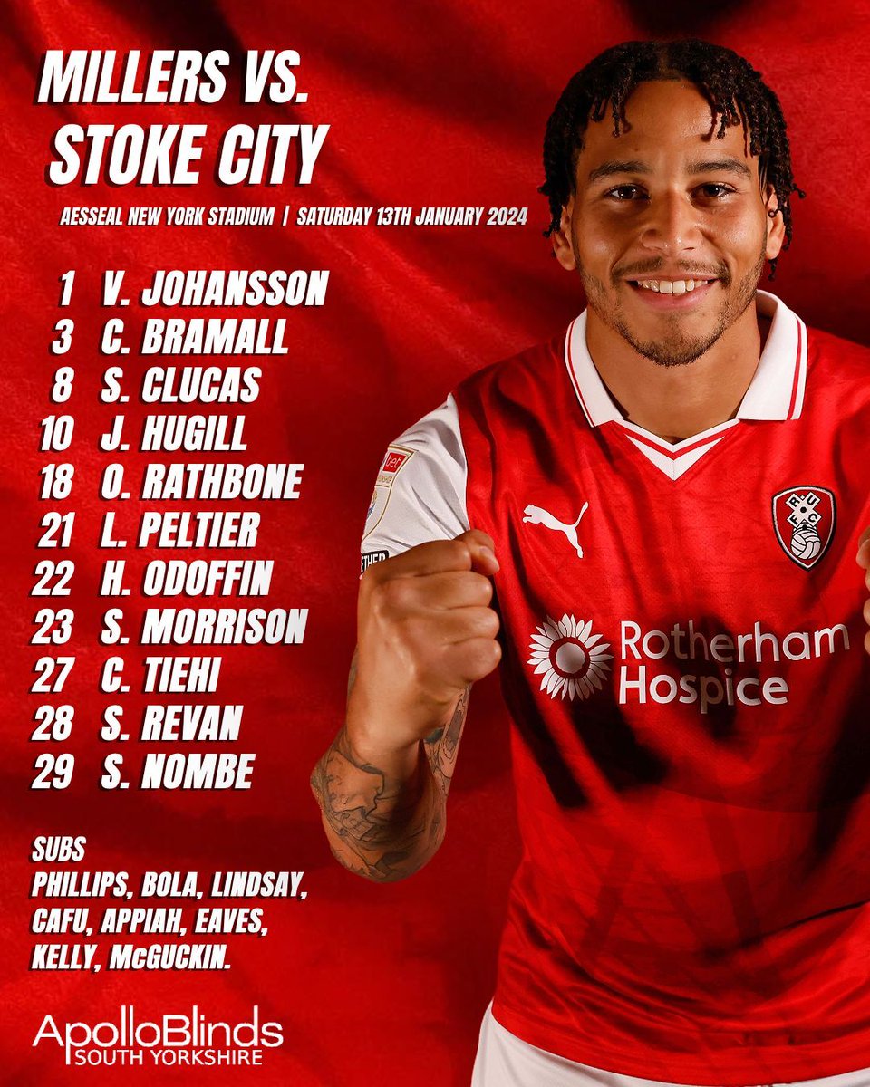 RotherhamUnited's tweet photo. TEAM v @stokecity | Johansson, Bramall, Clucas, Hugill, Rathbone, Peltier, Odoffin, Morrison, Tiehi, Revan, Nombe. 

SUBS | Phillips, Bola, Lindsay, Cafu, Eaves, Kelly, McGuckin. 

With @BlindsSYorks 

#rufc | #ForeverTogetherForeverProud https://t.co/pAVMWTRIpm