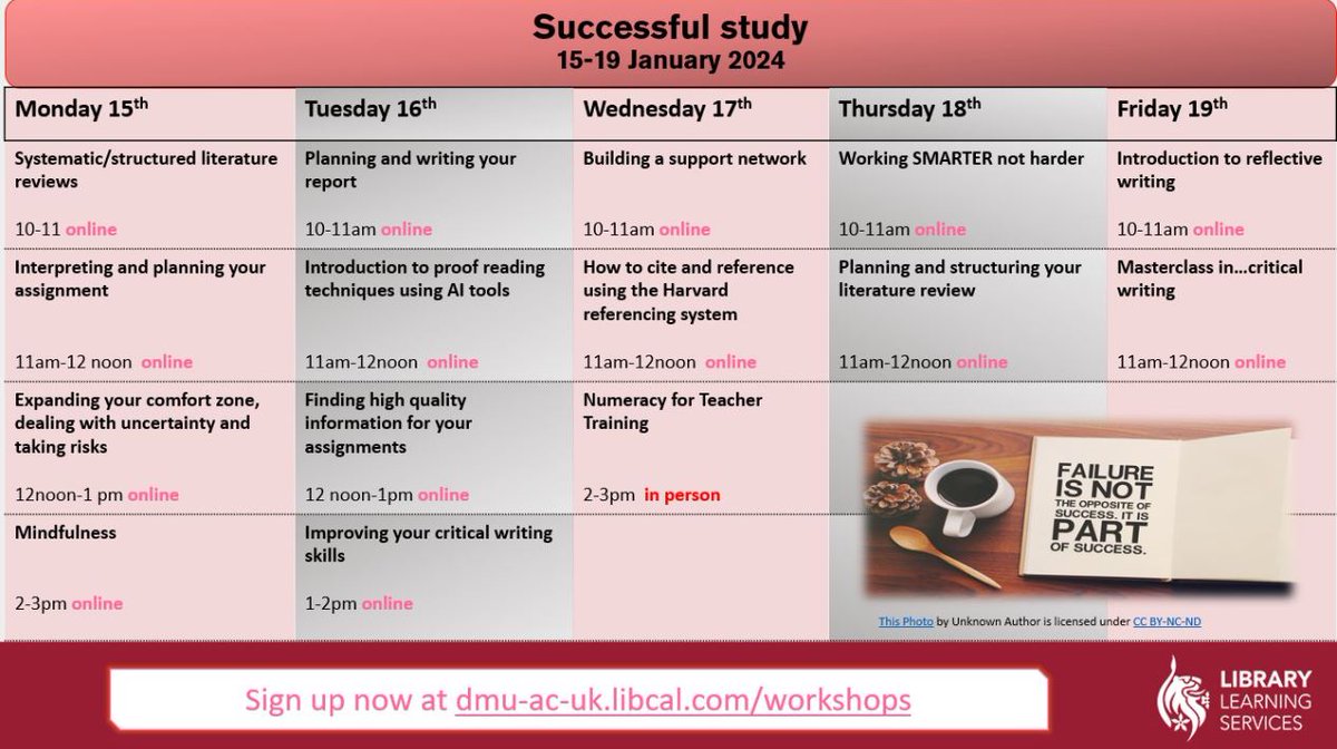 LibraryDMU's tweet photo. Get clarity and get focussed; critical writing skills, time management and much more with our FREE workshops! From Monday 15th Jan @dmuleicester Details and booking links in our bio #loveDMU #kimberlinlibrary https://t.co/Z9zdG99VWI