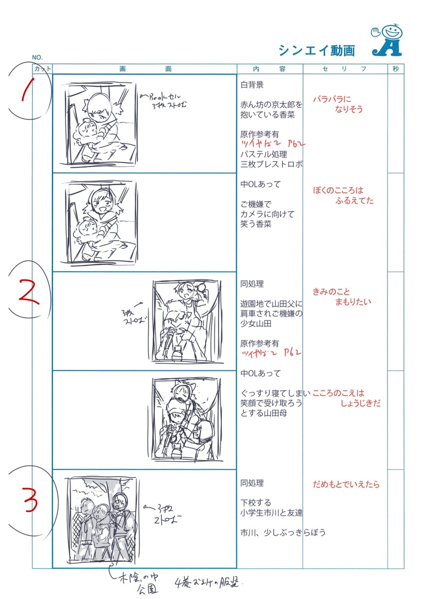 一部許可出ましたので #僕ヤバ 2期EDコンテ掲載させていただきます OPEDのコンテ演出やるのが夢だったので僕ヤバで初めての機会を頂けたこと大変感謝しております🙇 放送版では山田母が今とだいぶ雰囲気が違う過去用の装いになっているのが見所の一つです(明日も続き上げます)