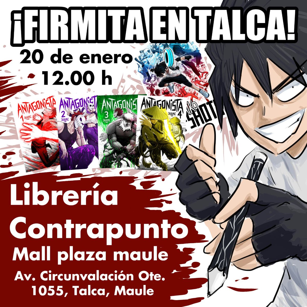 mangalineCL's tweet photo. [Firma en Talca] ✒️ En una semana, en la librería Contrapunto del Mall Plaza Maule, @saikomic estará realizando una firma de todos sus tomos de Antagonista y el Saiko one-shots 🎨

👀 Coordenadas:

⚡Sábado 20 de enero desde las 12:00 h ⚡
📍Librería Contrapunto Mall Plaza Maule https://t.co/2HDogMw20M