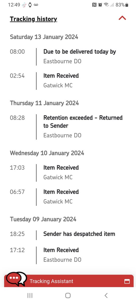 lifson's tweet photo. Where is it going? Who is it out to delivery to? Me? The sender? Who knows? @RoyalMail / @RoyalMailHelp aren't saying, and I can't make any plans until I know where my £40-odd of stuff is going. Paid to get it 3.7 miles in 2 days, and we're now on day 4. https://t.co/nohjtYKu2G