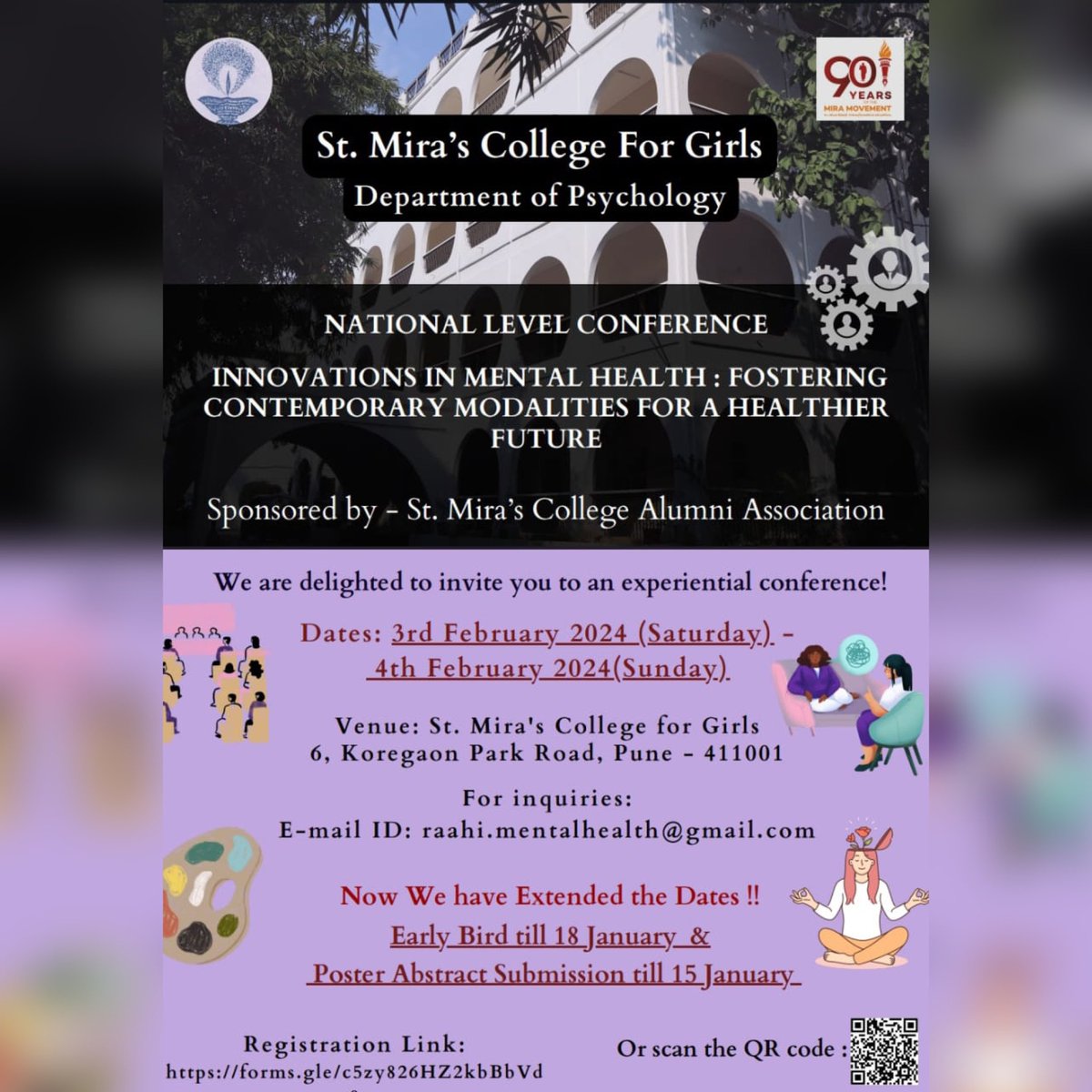 StMirasCollege's tweet photo. Dept. of Psychology are delighted to invite you to our national conference, "Innovations in Mental Health: Fostering Contemporary Modalities for a Healthier Future"! Join us on  3rd &amp; 4th of Feb 2024, Registration link: https://t.co/UstpCb53WV https://t.co/DuSdzwbrxi
