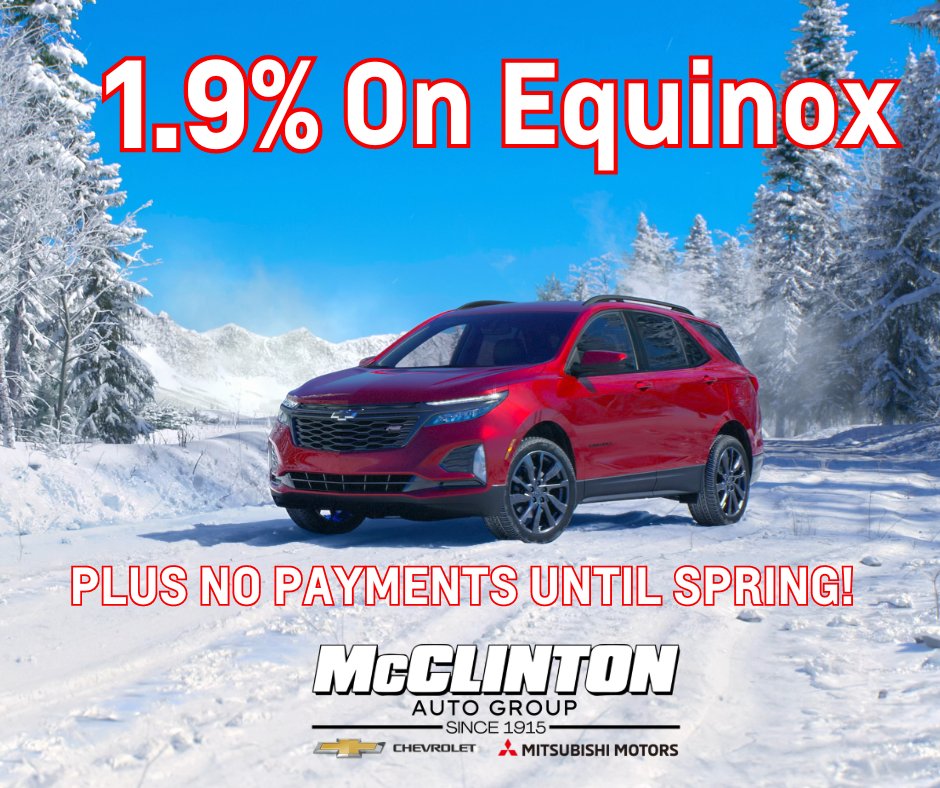 McClintonAuto's tweet image. Saturdays are for Savings at McClitnon Auto Group. Head in now to get an incredible offer on the popular Equinox. 

1.9% and NO PAYMENTS until Spring! 

Check out our inventory now: mcclintonchevy.com/new-vehicles/e…