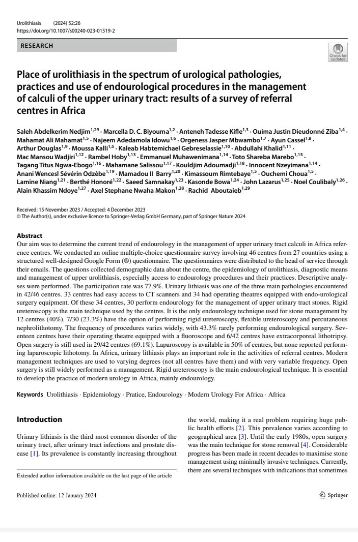 The first  publication for 2024 
Urolithiasis management in Africa 
A new arena for collabration improvemet
MUFA  - A new young  African urologist group 
doi.org/10.1007/s00240…
 #Globalsurgery 
#Globalurology
@BAUS @COSECSA <a href="/endouroacademy/">Endourology Academy</a> <a href="/young_endosoc/">Young Endo Society</a>