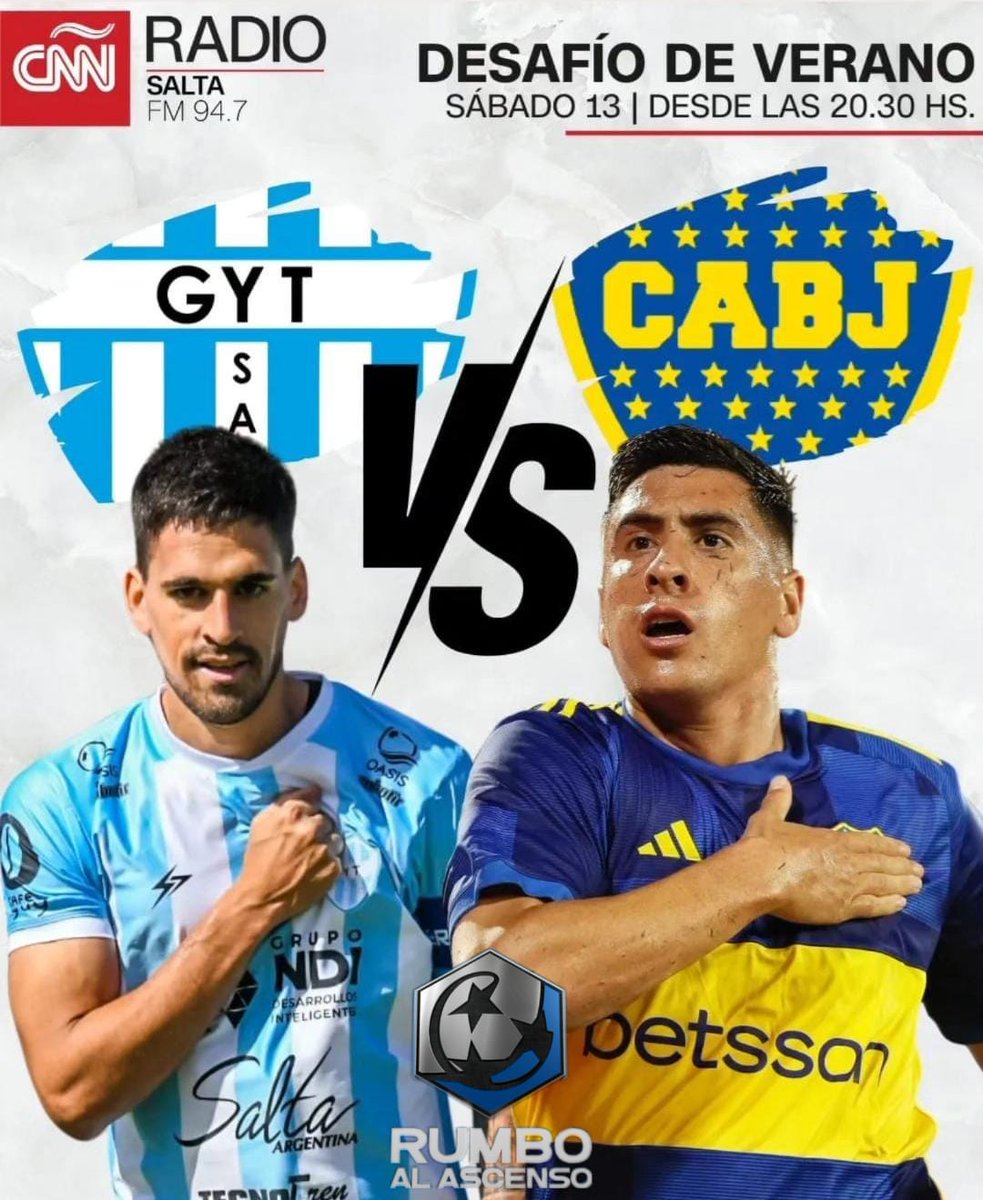 💥 ¡Ahora si saltamos a la cancha!

⚽️ ¡Viví con nosotros GyT vs Boca!

▶️ <a href="/gytoficial/">Club Gimnasia y Tiro</a> 🆚️ <a href="/BocaJrsOficial/">Boca Juniors</a> 
📅 Sábado 13, 20.30 hs.
📻 CNN Radio Salta 94.7

🎙 Relata <a href="/SuarezRelator/">Sebastián Suarez</a> 
🎧 Comenta <a href="/DominguezSeba4/">Sebastián Domínguez</a> 
🎤 Vestuario GyT <a href="/tanniaros/">Tania Fernández</a> 
🎤 Vestuario Boca <a href="/arielvesga92/">Ariel Dario Vesga</a>
