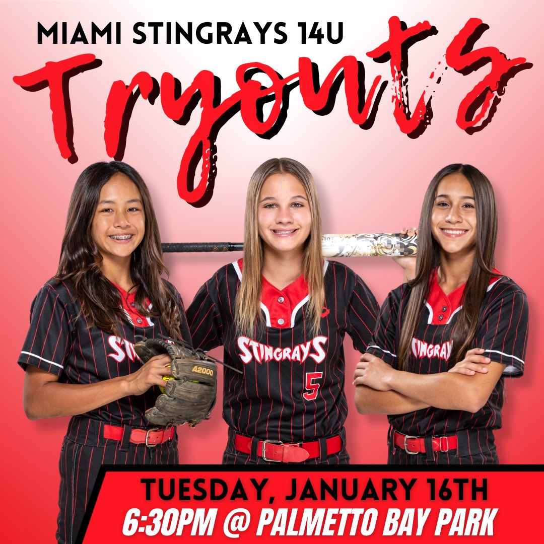 🚨Updated Date and Time🚨
Sorry Mother Nature is really not helping this week but here is the new 14U Tryout info:
🗓️Tuesday, January 16th
⏰6:30PM
📍Palmetto Bay Park