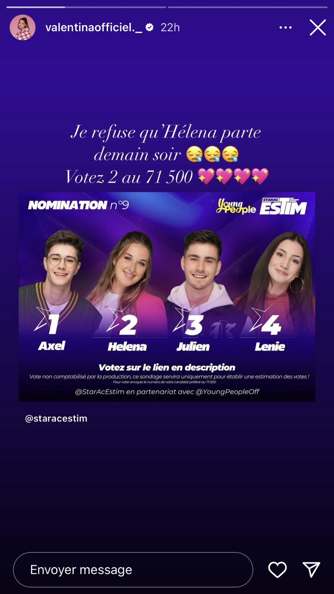 Faites comme Anggun, Amelie Neten, Jessica Errero et Valentina.

VOTEZ 2 AU 71500!

Helena est l’une des plus belle progression de cette saison, elle mérite la demi-finale et d’avoir son single!

#StarAcademy #StarAcademyLeLive #StarAcademyLive