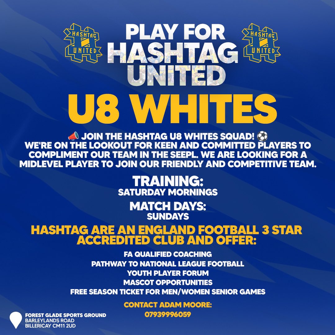 🚨 PLAY FOR THE TAGS!

U8 Whites are looking for new players…is this you?

Contact Adam for more info 👇