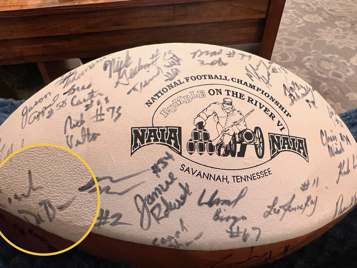 Kalen DeBoer…. For most of his NAIA  career as both a player and coach, the NAIA Football Championship was played in Savannah, TN. A cereal company had the team’s picture on its box. He is #7. I was given this football in 2001 when he was an assistant coach. A great guy!!