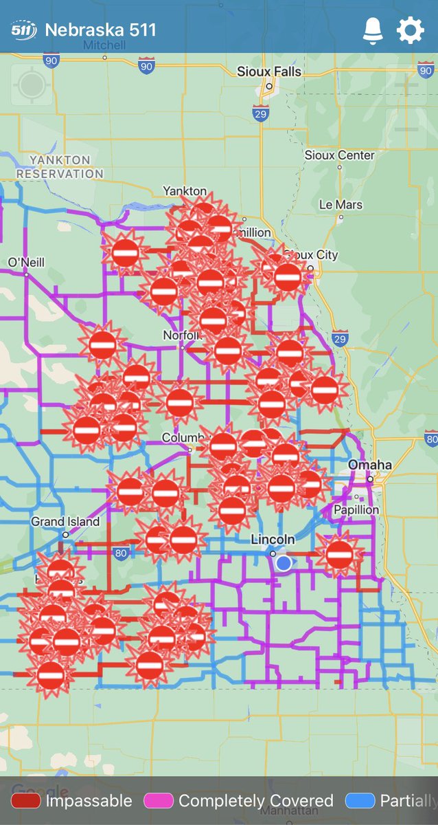 NEStatePatrol's tweet photo. Many roadways in eastern Nebraska remain closed or impassable this morning. Even as @NebraskaDOT plows have gone through areas, blowing snow has created new drifts. 

Don’t try to travel on closed or impassable roads. It may be difficult for help to reach you if you get stuck. https://t.co/kFFjCi8N4N