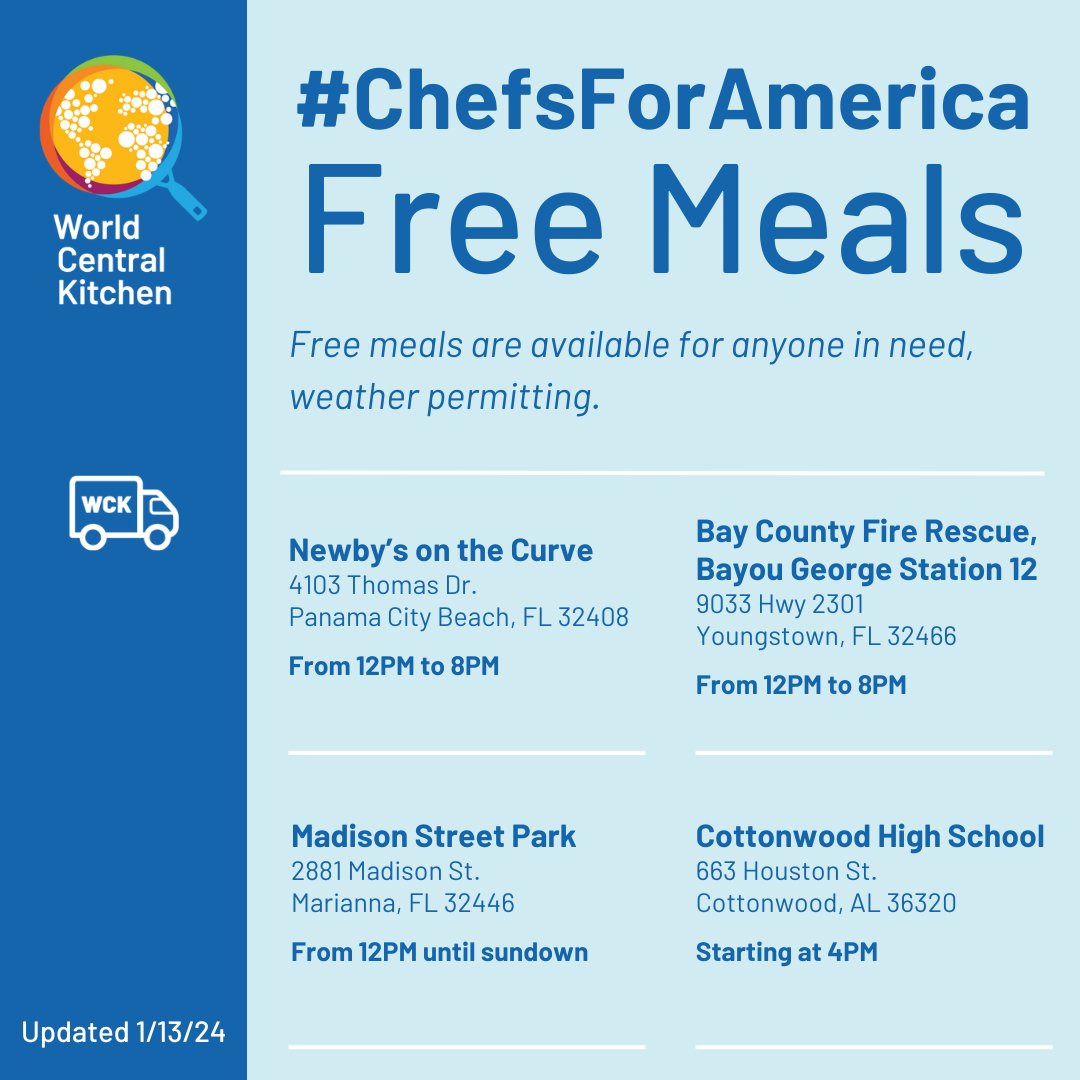 WCKitchen's tweet image. Our Relief Team will have free meals available at the following locations for community members in Florida and Alabama impacted by the recent storms. We&apos;ve added an additional location in Marianna, FL. Please share with anyone in the area in need of support.
#ChefsForAmerica