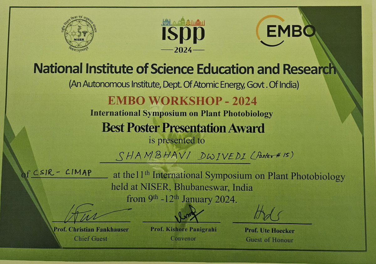 CSIR-CIMAP (@csircimap) on Twitter photo Congratulations! Shambhavi <a href="/Shambhavi3996/">Shambhavi Dwivedi</a>, PhD student from <a href="/PrabodhTrivedi/">Prabodh Trivedi</a> lab <a href="/prabodhslab/">prabodhslab</a> received Best Poster Award at the 11th International Symposium on Plant Photobiology & EMBO Workshop-2024 for HY5-dependent regulation of nicotine biosynthesis <a href="/ISPPhotobiology/">ISPP2026</a> <a href="/CSIR_IND/">CSIR, India</a> Congratulations! Shambhavi <a href="/Shambhavi3996/">Shambhavi Dwivedi</a>, PhD student from <a href="/PrabodhTrivedi/">Prabodh Trivedi</a> lab <a href="/prabodhslab/">prabodhslab</a> received Best Poster Award at the 11th International Symposium on Plant Photobiology & EMBO Workshop-2024 for HY5-dependent regulation of nicotine biosynthesis <a href="/ISPPhotobiology/">ISPP2026</a> <a href="/CSIR_IND/">CSIR, India</a>