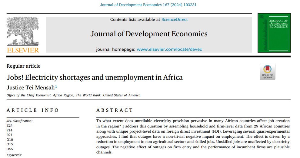 Good start to the new year! In this new paper in “Journal of Development Economics” (#JDE), I ask, to what extent do #electricity #outages pervasive in many African countries affect #job #creation? A 🧵 (1/n) @WorldBankAfrica @wef @Diop_IFC @TheEconomist sciencedirect.com/science/articl…