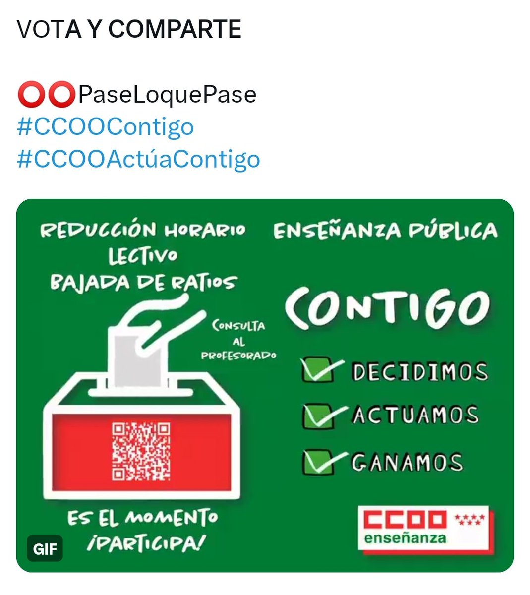 A la izquierda <a href="/CCOOEducaMa/">Educación CCOO Madrid</a> convocando movilizaciones conjuntas de Infantil, Primaria y Secundaria. A la derecha llamando a ratificar la propuesta que solo cumple con Secundaria y deja tirado a los maestros de Primaria e Infantil.