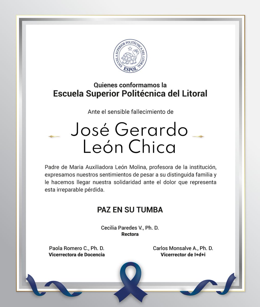 Desde la ESPOL expresamos nuestro sentimiento de pesar a María Auxiliadora León, apreciada integrante de nuestra comunidad politécnica.