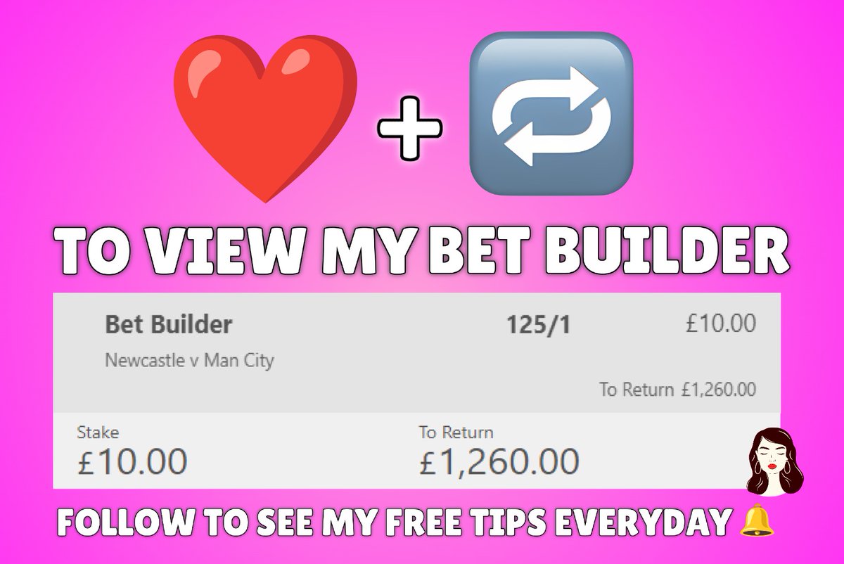 More winning bet builders today anybody? 🫶

Who wants me to post this 125/1 monster bet builder today?🔥

£10 returns £1,260 😍

Everybody who ❤️ and retweets this tweet will be able to see my bet builders! 👀

Turn my notifications on and drop me a follow to receive my tips🔔
