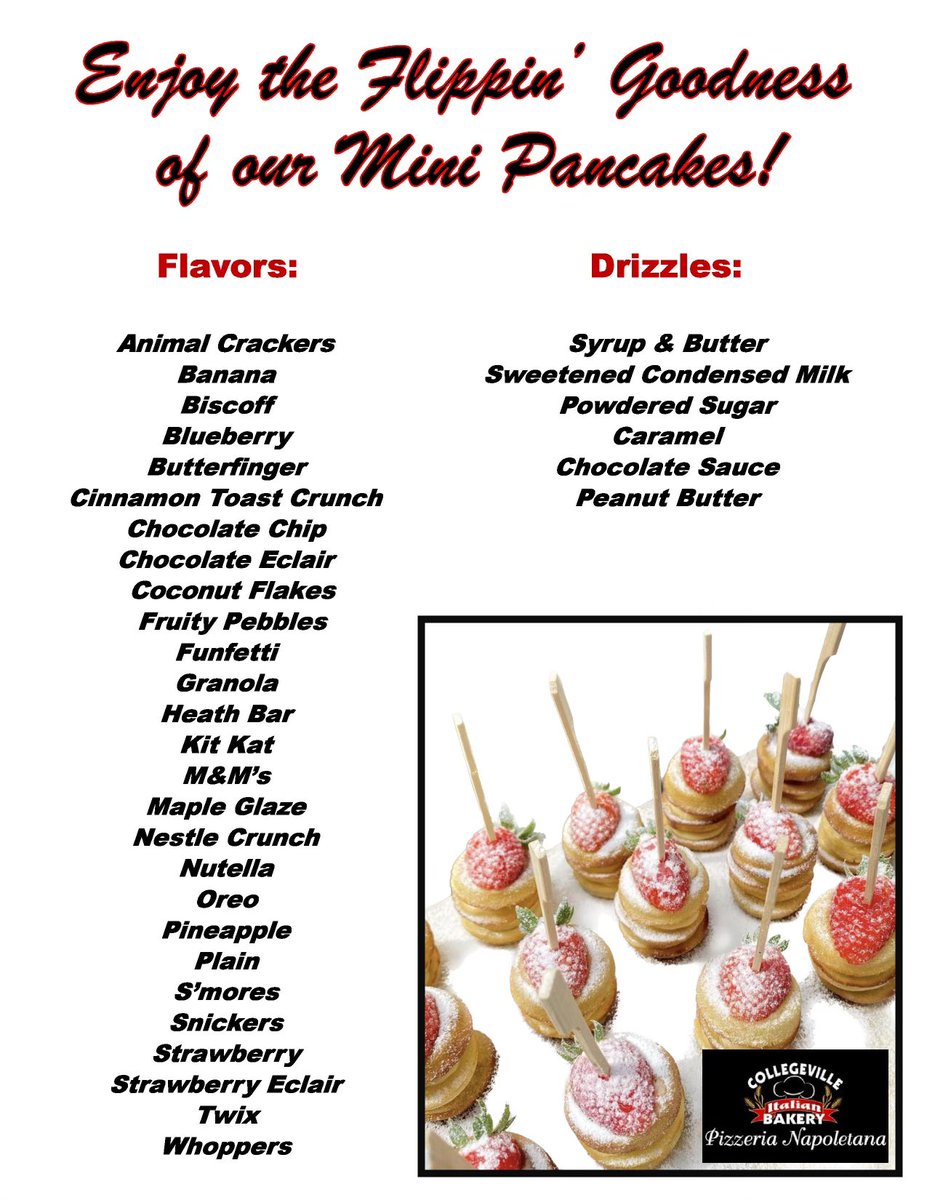 CvilleBake's tweet photo. Today’s the day! Introducing our NEW #MiniPancakes! 🥞

Sold just like our mini donuts, in boxes of 25, enjoy them plain ($12.99) or choose your favorite flavor &amp; drizzle ($14.99). The possibilities are endless!

#collegevilleitalianbakery #morethanabakery #flippingood https://t.co/NVQfEVNwh4