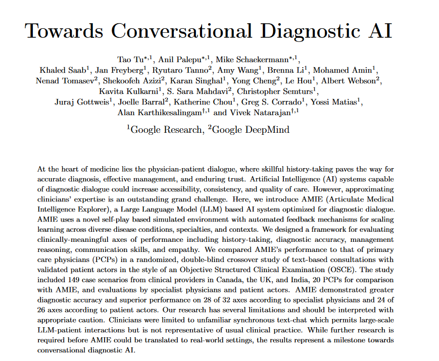 glenngabe's tweet photo. Focus on health and medical? Heads-up -> Google AI has better bedside manner than human doctors — and makes better diagnoses. The AI system is called "Articulate Medical Intelligence Explorer (AMIE)"

"To our knowledge, this is the first time that a conversational AI  system has ever been designed optimally for diagnostic dialogue and taking the clinical history,” says Alan Karthikesalingam, a clinical research scientist at Google Health in London" https://t.co/ScKbMpeiVk