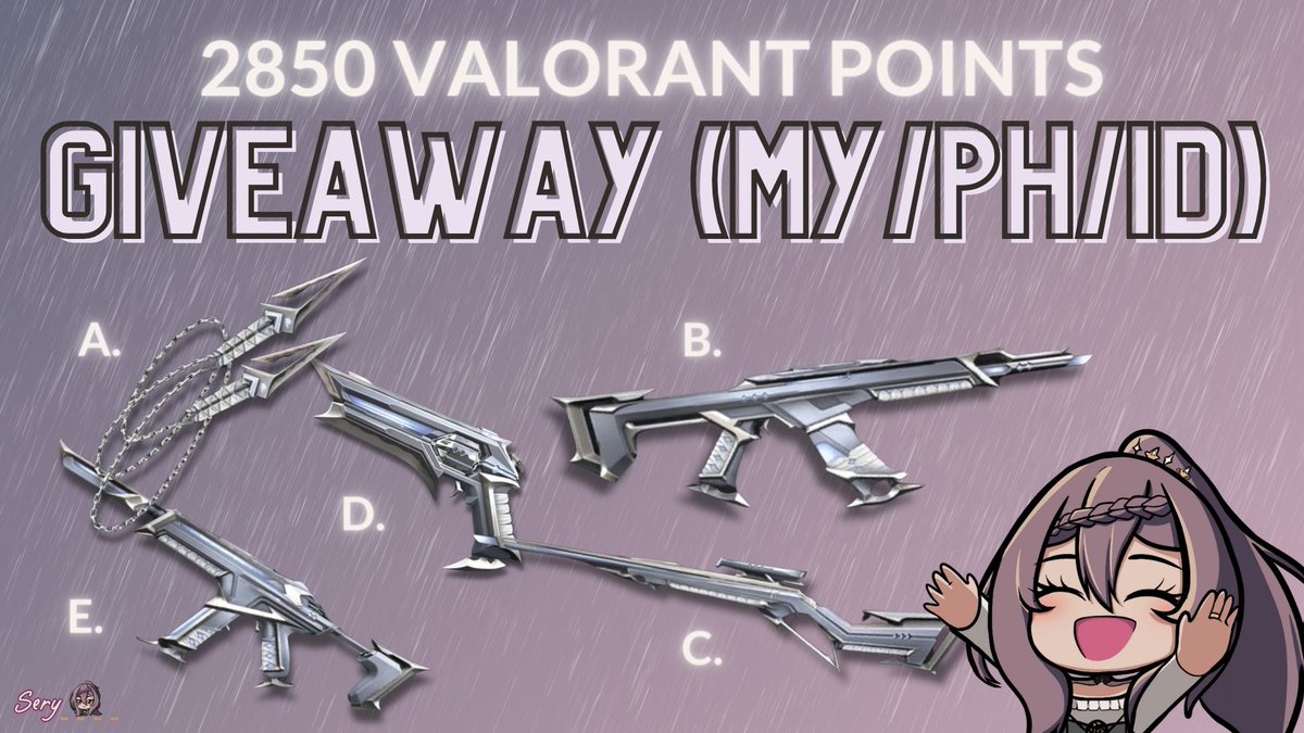 seryndipitys's tweet image. Smoll #Valorant Giveaway for PH/MY/ID accts

MUST 
&amp;gt; Follow @sery_____, Like &amp;amp; RT
&amp;gt; Follow my YT and TikTok
&amp;gt; Follow my #Twitch (comment your Twitch username)
twitch.tv/sery____

Go to my Twitch Offline chat, type !ticket to get your entry. 

Links in Replies 👇