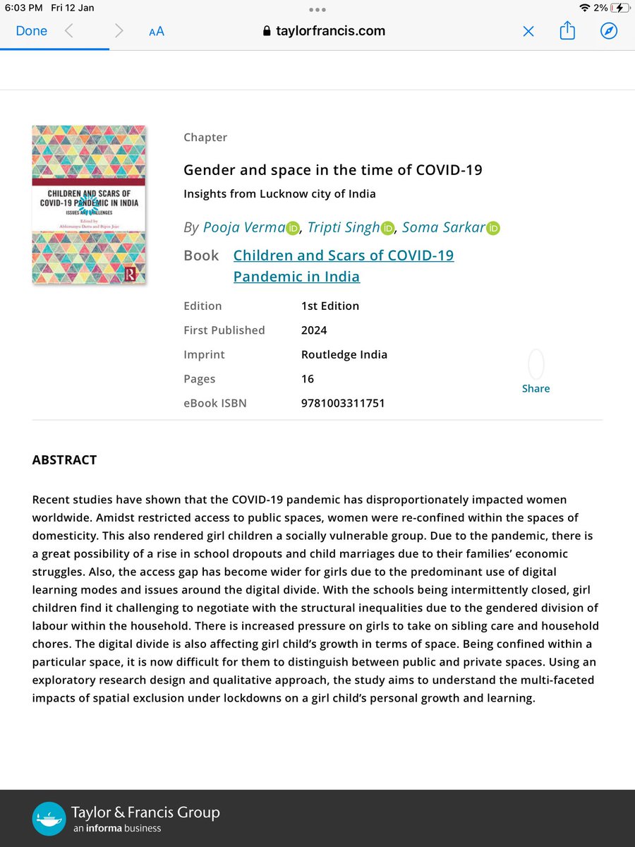 triptisinghh's tweet photo. Happy to share our recent chapter in the book -‘Children and Scars of COVID-19 Pandemic in India
Issues and Challenges’ edited by Dr Abhimanyu Datta and Prof Bipin Jojo is published now🥂. https://t.co/pw48hSpWim