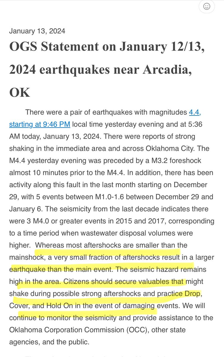 lmonahan's tweet photo. OGS released a statement regarding a pair of earthquakes with 4.4 magnitudes #earthquake #oklahomaearthquakes https://t.co/8wAlbOPSJf