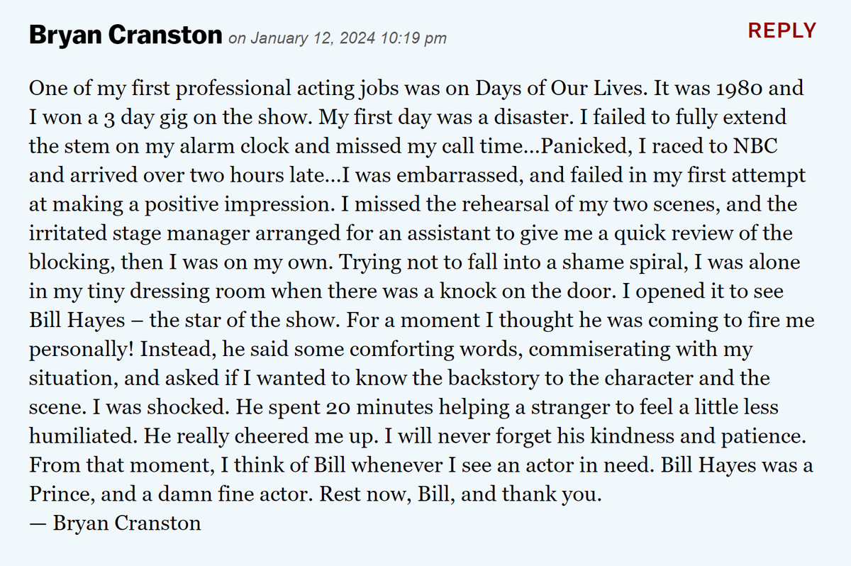 Bryan Cranston wrote this comment on the Deadline obit for Bill Hayes. It's a wonderful remembrance of a wonderful, dedicated actor. #BillHayes #Days #DaysofourLives #DOOL