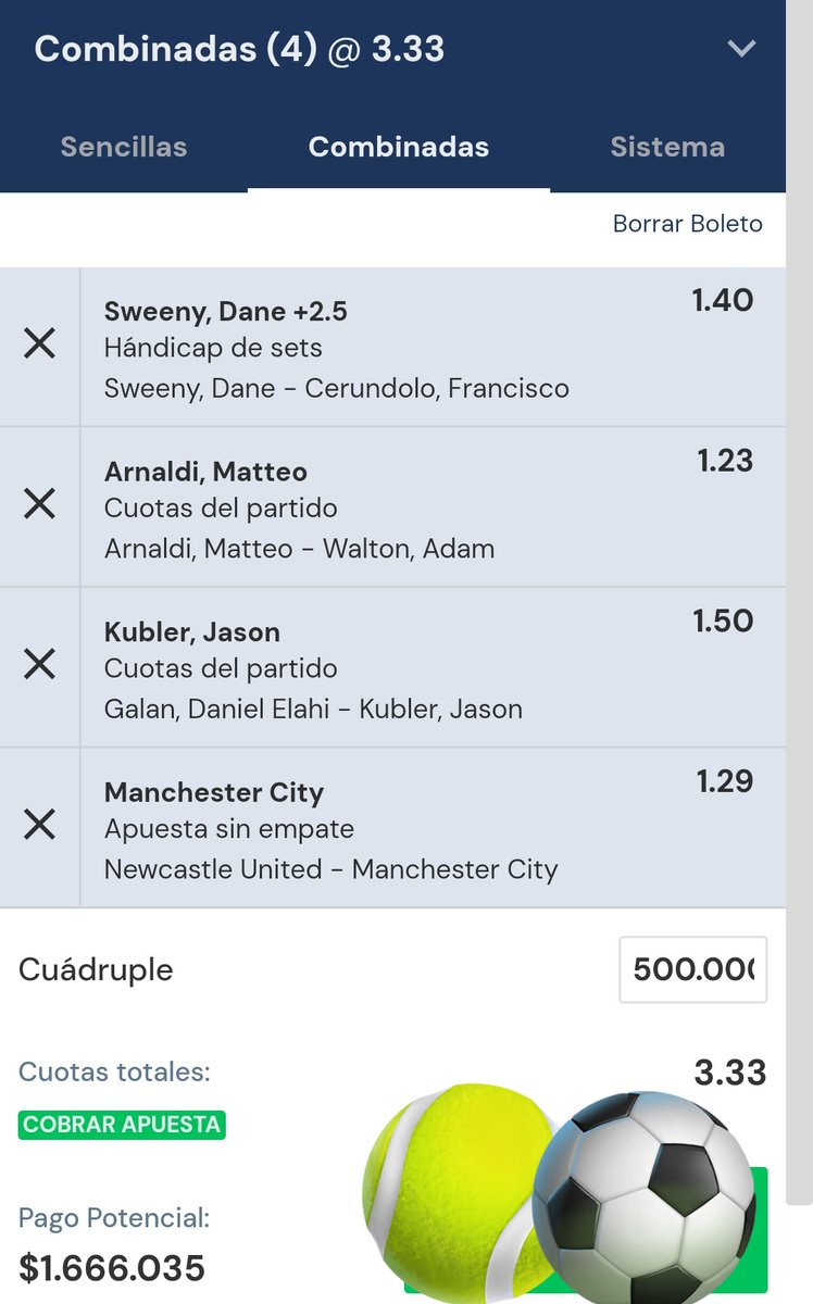 ApuestassLM's tweet image. APUESTA GRATIS ✅

Tenis + Fútbol 🎾

Apuesta Sin Empate ManchesterCity ✅
Sweenny Dane +2.5 Hándicap de Set ✅️
Gana Arnaldi ✅
Gana Kubler ✅

Stake 5 ✔️

#apuestasdeportivas #combinada #parley #FreePicks #BitcoinEFT