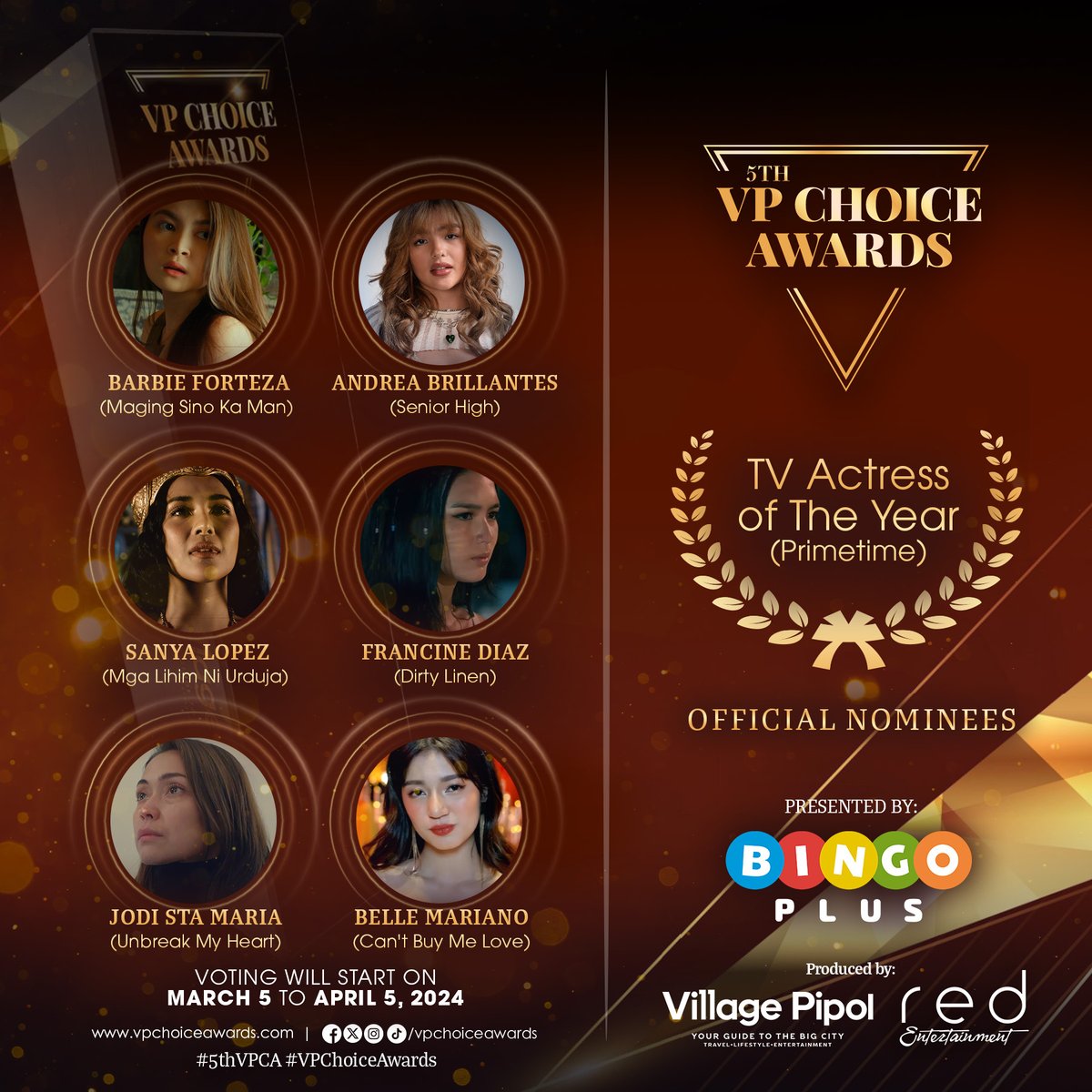 Here are the #5thVPChoiceAwards official nominees for 🏆TV Actress of the Year (Primetime) ✨ Pipol, you have the power to choose this year's winner! Voting will open on March 5 to April 5, 2024. For more details, visit: vpchoiceawards.com #5thVPCANomineesReveal #5thVPCA