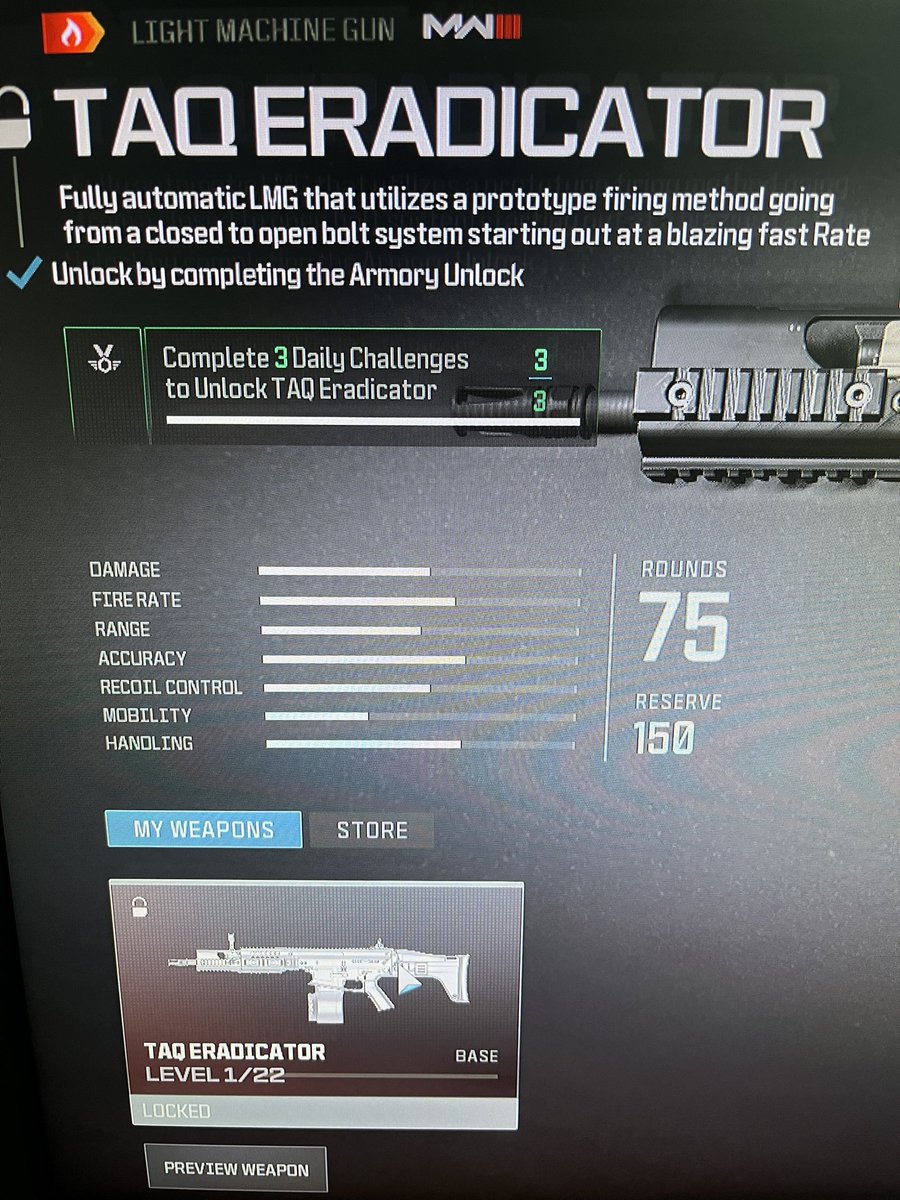 OGStarkii's tweet photo. @RavenSoftware am I missing something else? Gun is still locked even though all 3/3 challenge’s are complete. https://t.co/WDUwlGpAcd