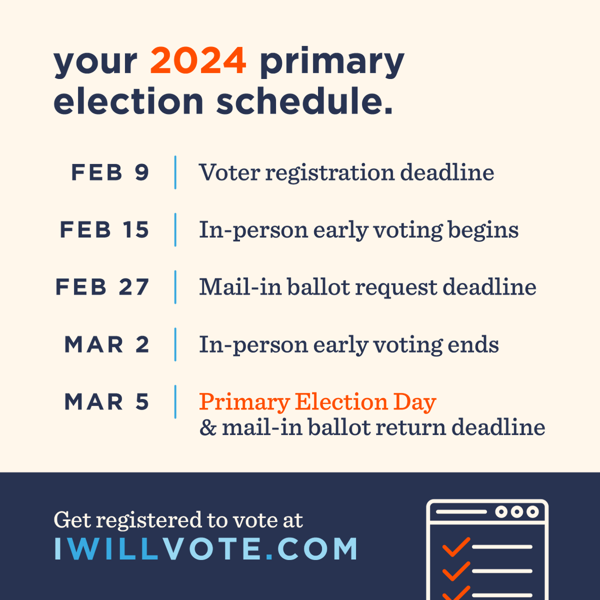 Mark your calendars, y’all! The March 5th primary is less than two months away.

Make sure you’re registered to vote at your current address by February 9th, and then check in with your family, friends, and neighbors!