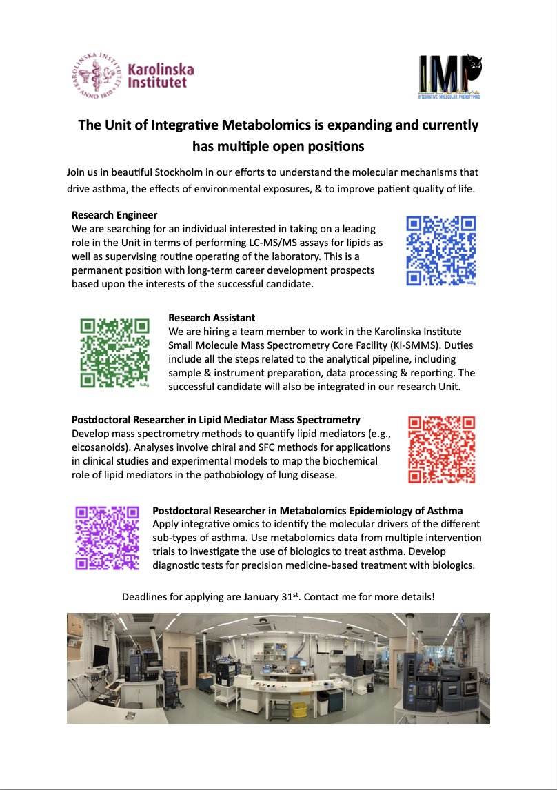 CraigWheelock's tweet photo. We are expanding &amp; have multiple positions open. See the attached file for descriptions of the positions. 

Come join us in beautiful Stockholm @karolinskainst in our efforts to use #metabolomics #exposomics &amp; #epidemiology to understand #asthma!

Deadlines are January 31st. 👇 https://t.co/PK5dMriGgr