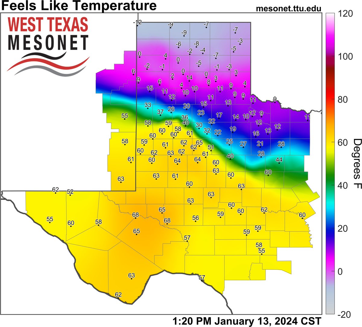 COLD FRONT! Strong cold front is moving south through the region bringing very cold temperatures and winds.  Wind chills will be very low in the coming days.  Stay warm everyone! #txwx #nmwx #okwx #mesonet #wtxmesonet