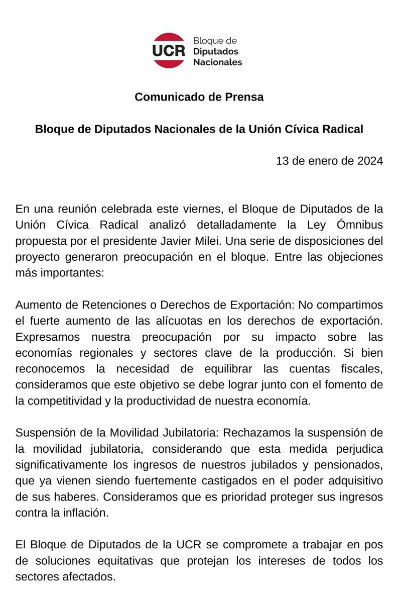 diputadosucr's tweet photo. ✍️Comunicado del Bloque de @diputadosucr .
Algunas de las objeciones más importantes a la #LeyOmnibus.
✅Aumento de las retenciones.
✅Suspensión de la movilidad jubilatoria.
Trabajamos en pos de soluciones equitativas que protejan los intereses de todos los sectores afectados. https://t.co/JbSviyO9J8