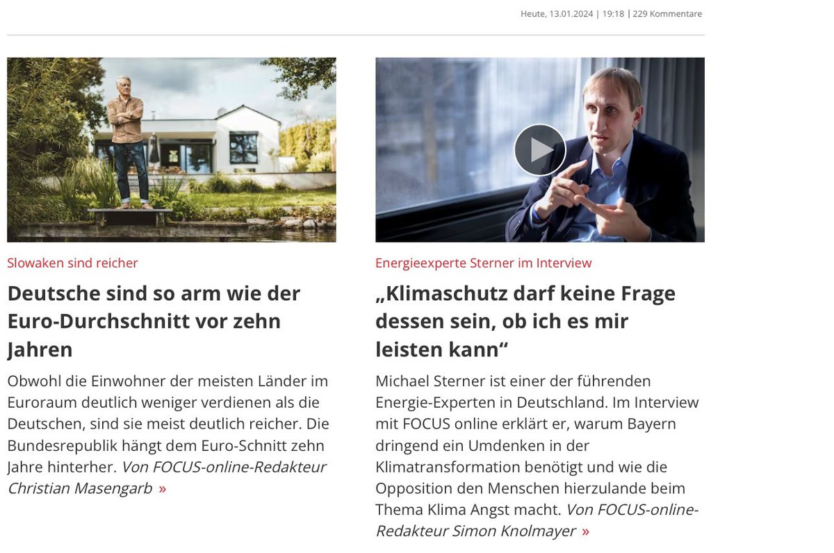 Ich schaue immer mal wieder auf Focus.de die Nachrichten an.
Heute gab es zwei Schlagzeilen nebeneinander, die die momentanen Probleme in Deutschland sehr gut beschreiben.
Deutschland kann sich den extremen Klimaschutz einfach nicht leisten. Das merken die Bürger..