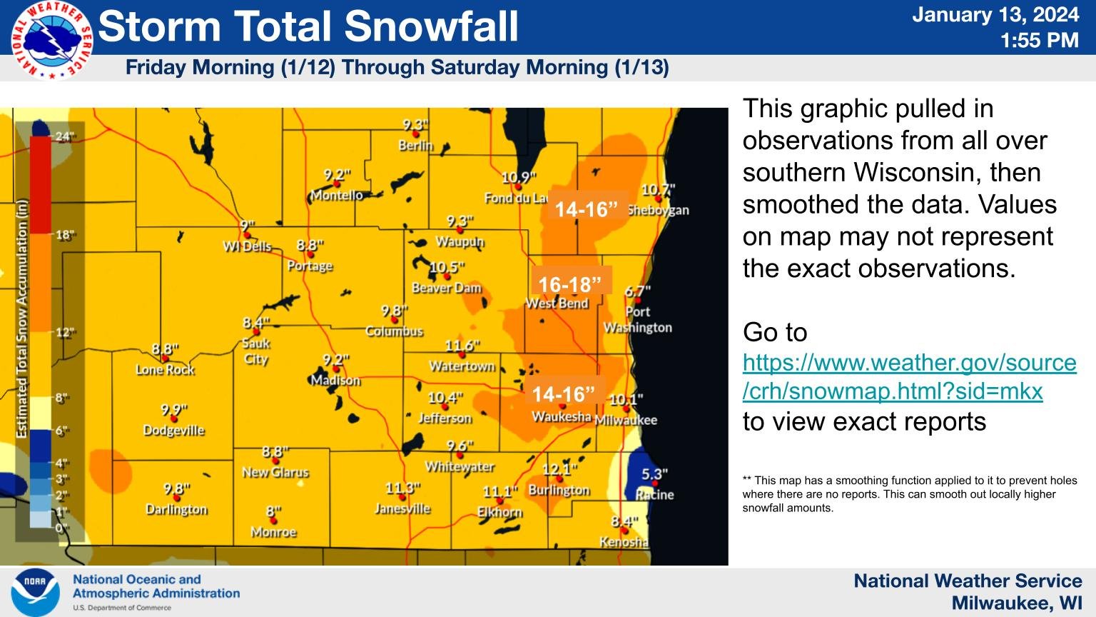 Map of storm total snowfall for Fri-Sat. Most of southern WI received 8 to 11 inches, but an area in eastern WI along the Kettle Moraine had 12 to 14 inches with localized higher amounts from Waukesha to Plymouth of 14 to 18 inches.