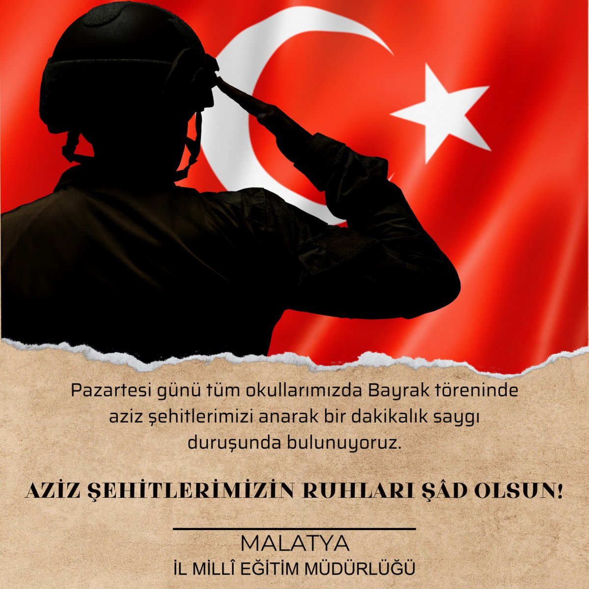 MalatyaMem's tweet photo. Aziz milletimizin başı sağ olsun..🇹🇷🇹🇷🇹🇷

15 Ocak 2024 Pazartesi günü tüm okullarımızda Bayrak törenlerinde Şehitlerimiz için 1 (Bir) dakikalık saygı duruşunda bulunuyoruz.

@tcmeb @Yusuf__Tekin @TCMalatyaV @ersinyazici1 https://t.co/ytGGqLDBBS
