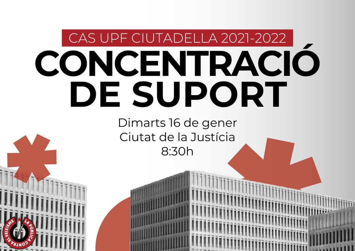 publicaantifa's tweet photo. 🚩 Com ja vam anunciar, dimarts estarem a la Ciutat de la Justícia afrontant el penúltim dia de judici del #CasCiutadella.

⏩ Necessitem tota la solidaritat: de 8.30 a 14.30, vine i acompanya als encausats a l'entrada i la sortida! https://t.co/x6JroYLDOP