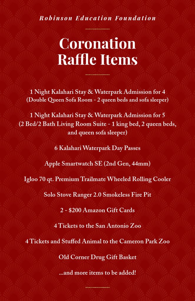 Coronation raffle ticket sales for REF begin Jan. 11th and end Feb. 1st. All tickets are $5.00 each. Winners of the raffle drawing will be announced Saturday, Feb. 10th at 2pm at the Coronation event.
secure.qgiv.com/event/robinson…