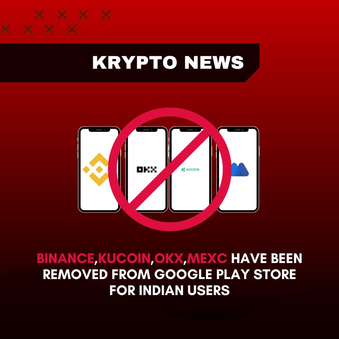 The_Kryptoguy's tweet photo. Top crypto exchanges have been removed from playstore for indian users regarding FIU Licenses

#cryptoexchanges #reducecryptotax https://t.co/IiPvRisdE4