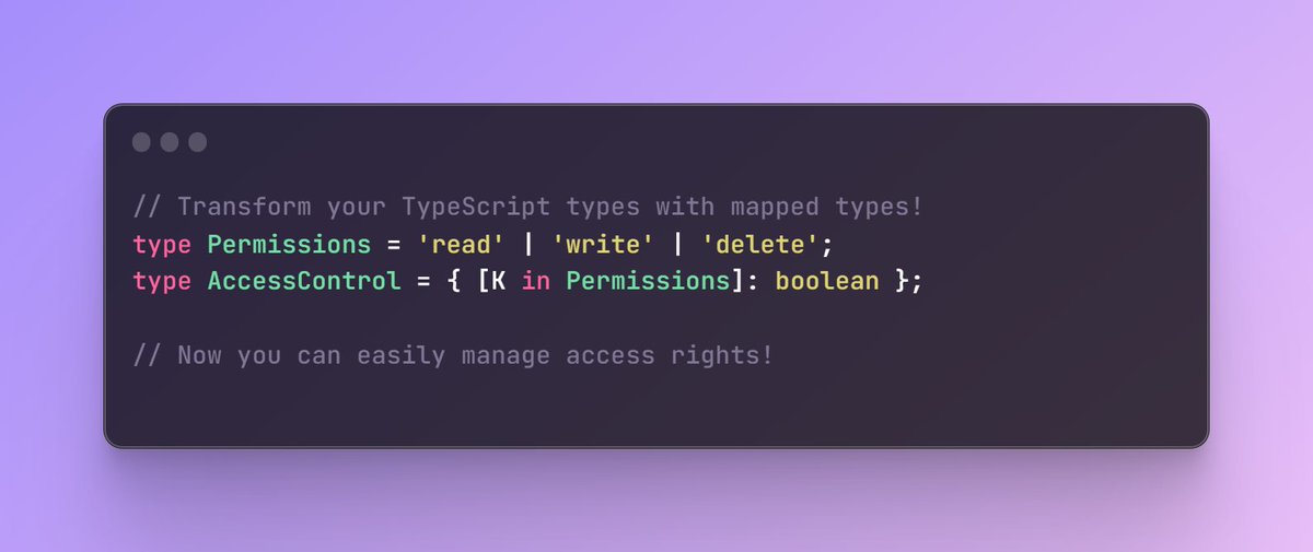 YounesAka's tweet image. Spin up a permissions object with mapped types. One line does the trick!
#TypeScript #CleanCode #DevHacks
