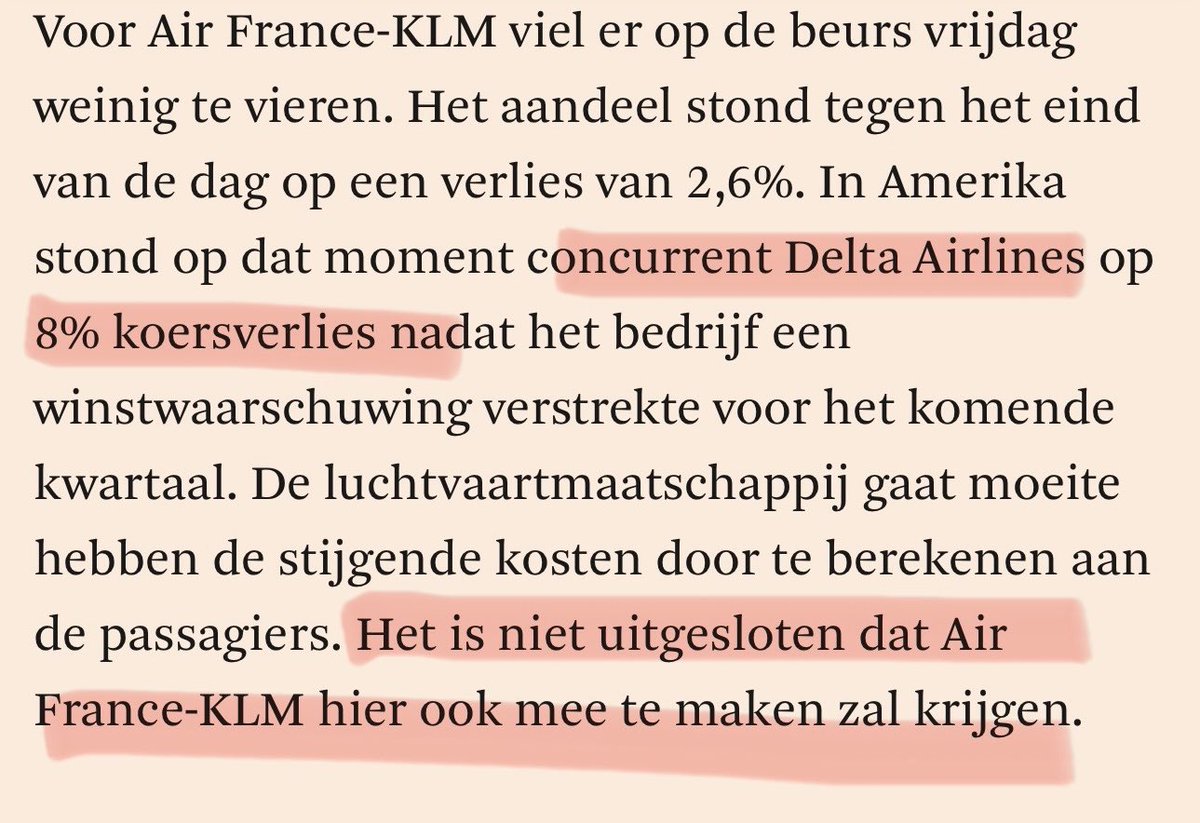 JacquelineAvun's tweet photo. @krimpluchtvaart Het is niet uitgesloten dat Air France-KLM hier ook mee te maken zal krijgen: Delta Airlines (8% koersverlies) na winstwaarschuwing ivm moeite
de stijgende kosten door te berekenen aan de passagiers. (bron : FD 12/1/‘24) #klm #midkap #afklm #afkl https://t.co/NfIhdIpK48