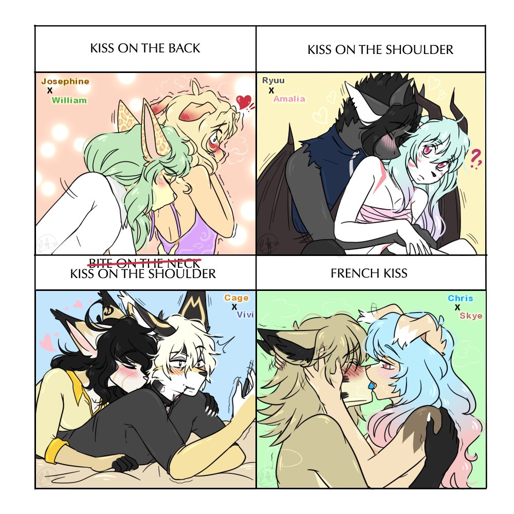 mel_astray's tweet photo. First post on here in 2024 shall be a cute kiss meme with a few couples my friends &amp; I share together u v u ♡ Hope you enjoy!

Josephine and Chris belong to @_DyeDy_ 
Cage belongs to @s_nkitty 
Ryuu belongs to @xiolafox 
and William, Amalia, Vivi and Skye belong to me :3 https://t.co/4okyrRzEiR