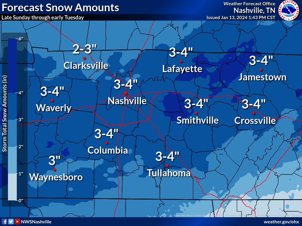 WINTER STORM WATCH remains in effect from late Sunday through early Tuesday for the potential for widespread snowfall of 3-5". Travel could become very hazardous and difficult early next week throughout the region #tnwx