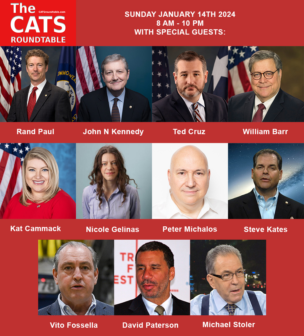 CATS Roundtable Sunday, Jan 14th | 8:00AM ► Listen Live on @77WABCradio or visit catsroundtable.com Special Guests: - @RandPaul - @SenJohnKennedy - @SenTedCruz - Former AG William Barr - @RepKatCammack - @nicolegelinas - Dr. Peter Michalos - Dr. Sky Steve Kates -…