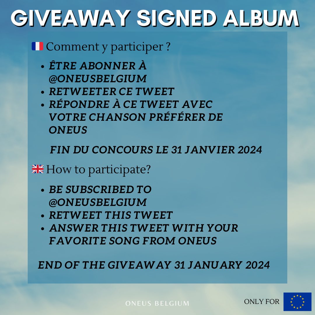 {GIVEAWAY}

🇫🇷 C’est parti pour le concours pour remporter un album signer par les 5 membres de ONEUS ! Toutes les informations sont ci-dessous !

🇬🇧 Let's go for the giveaway to win an album signed by the 5 members of ONEUS! Toutes les informations sont ci-dessous !

#ONEUS