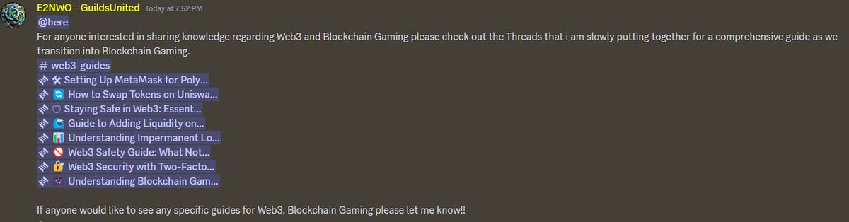 🚀 Join Guilds United on Discord! 🚀

🎮 Are you new to #Web3 and #blockchain #gaming? As Earth 2 transitions into this exciting world, we're here to help!

What We Offer:
📘 Beginner-Friendly Guides
🌐 Community Support
🛡️ Tips on Safe Gaming in Blockchain

Why Join?
Get