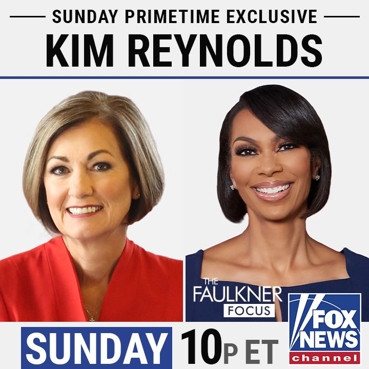 FaulknerFocus's tweet photo. Iowa Governor Kim Reynolds backing Ron DeSantis. @HARRISFAULKNER will dissect Iowa and the reasons why she made her pick to back him in a Prime Time Exclusive Interview. TOMORROW 9pm Central/10pm Eastern #IowaInFocus #TheFaulknerFocus @KimReynoldsIA https://t.co/5CKyqSYtb9