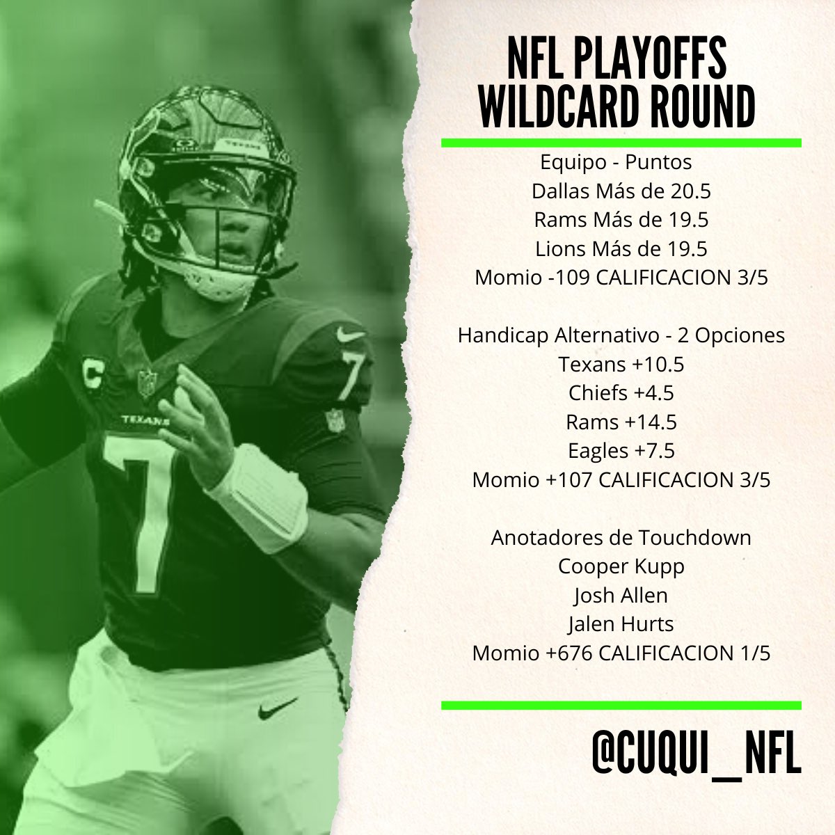 Cuqui_NFL's tweet photo. NFL PLAYOFFS TEMPORADA 2023🏈

Los tickets de cada semana, respetando como siempre nuestra regla, no hay ticket con momio de -125 o peor https://t.co/Wbyr29306b