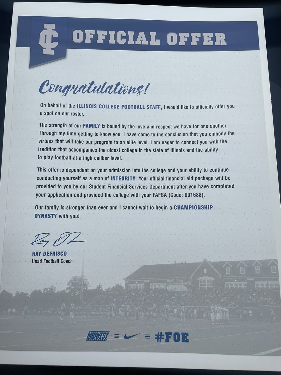 Very grateful to receive an offer from <a href="/IC_Football/">Illinois College Football</a> after a great day on campus <a href="/CoachPallenFB/">Peyton Allen</a> <a href="/CoachKLane/">Kyle Lane</a>