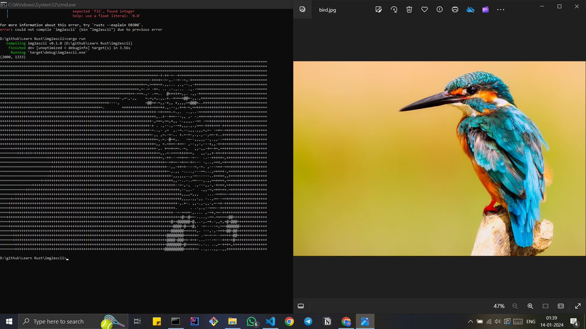 manodotdev's tweet image. was a good excuse to get started with Rust lol
the art isn&apos;t good enough maybe because of my ASCII character choices

-&amp;gt; extract image dimension 
-&amp;gt; find the intensity for each pixel 
-&amp;gt; map it with ASCII char 
-&amp;gt; store result in matrix